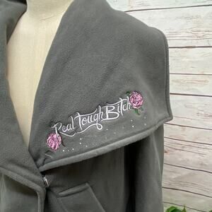 RTB Real Tough Babe Grey Fleece Jacket Coat Asymmetrical Embroidered Custom L